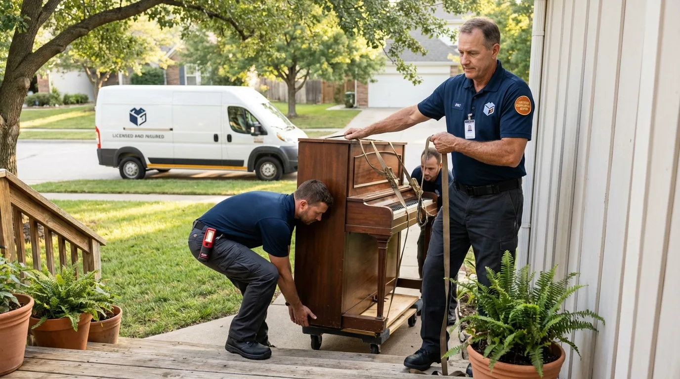Licensed piano movers securing grand piano in Chester, NH