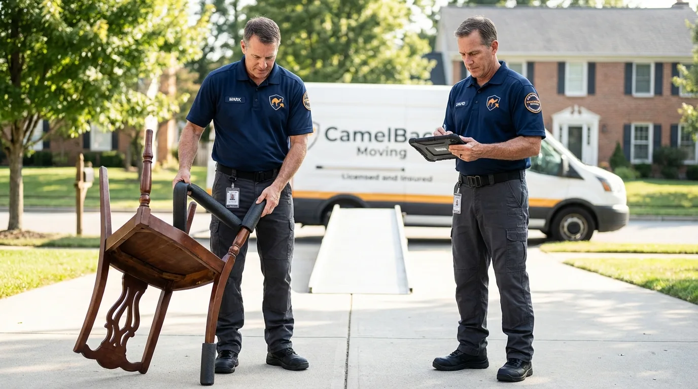 Movers inspecting furniture for damage prevention before loading in Chester, NH