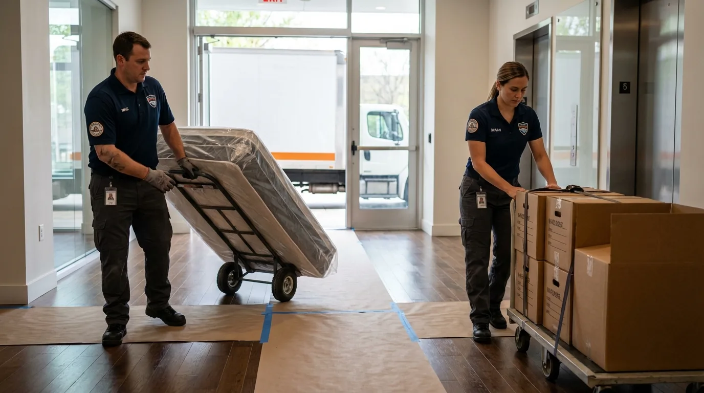 Professional apartment movers loading elevator in Chester, NH