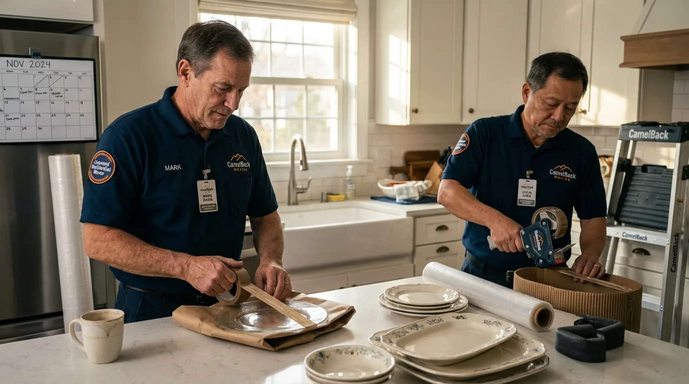 Professional crew packing kitchen dishware in Chester, NH